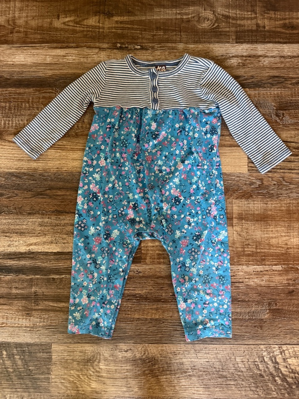 Tea Collection Blue Floral & Navy Striped Long-Sleeve One-Piece